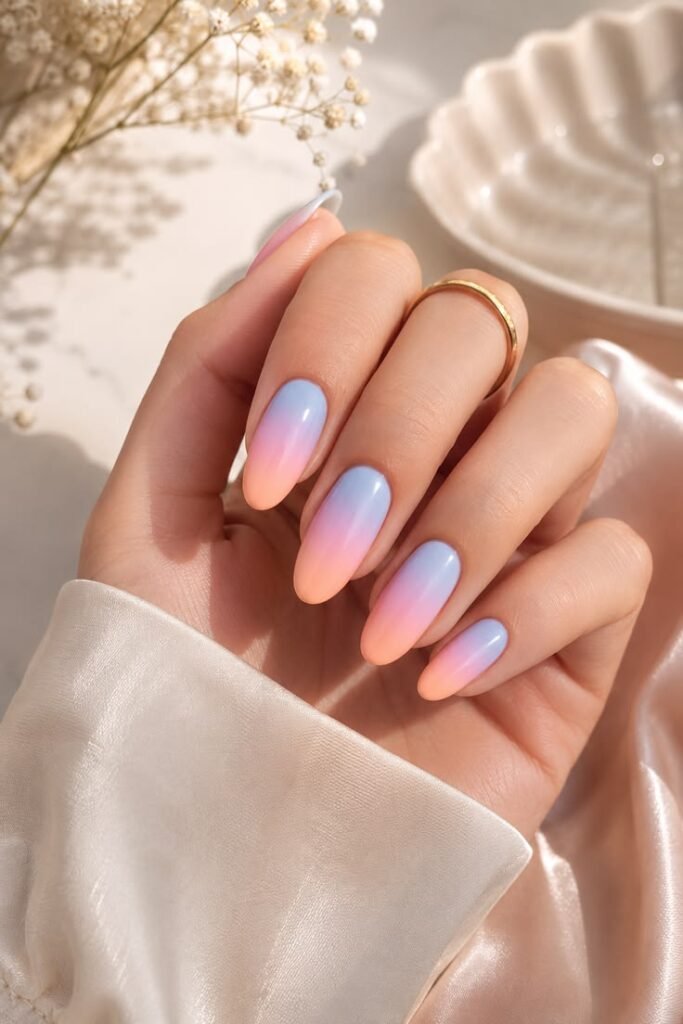 Sunset Gradient Ombre Nails With Blue, Pink and Peach Bliss
