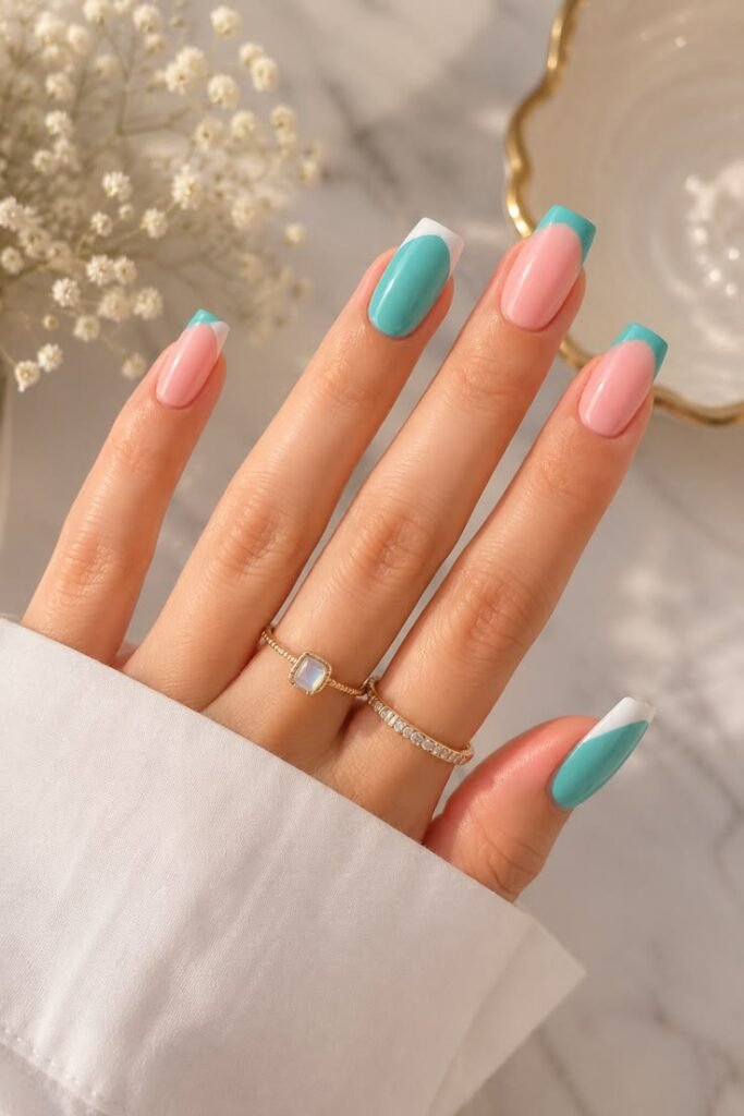 Turquoise Colour Block Nails