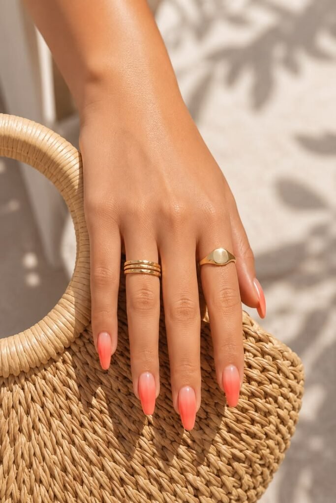 Warm Coral Almond Nails With Vacation Glow
