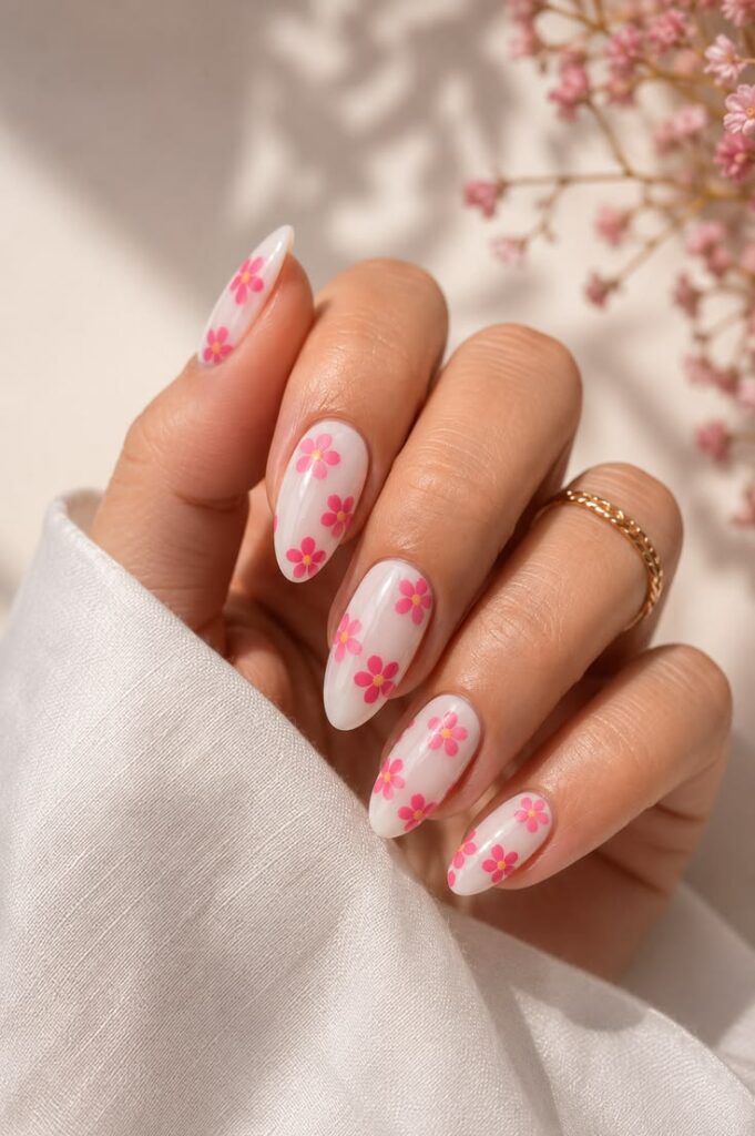 White Daisy Print on Almond Nails for Sweet July Femininity