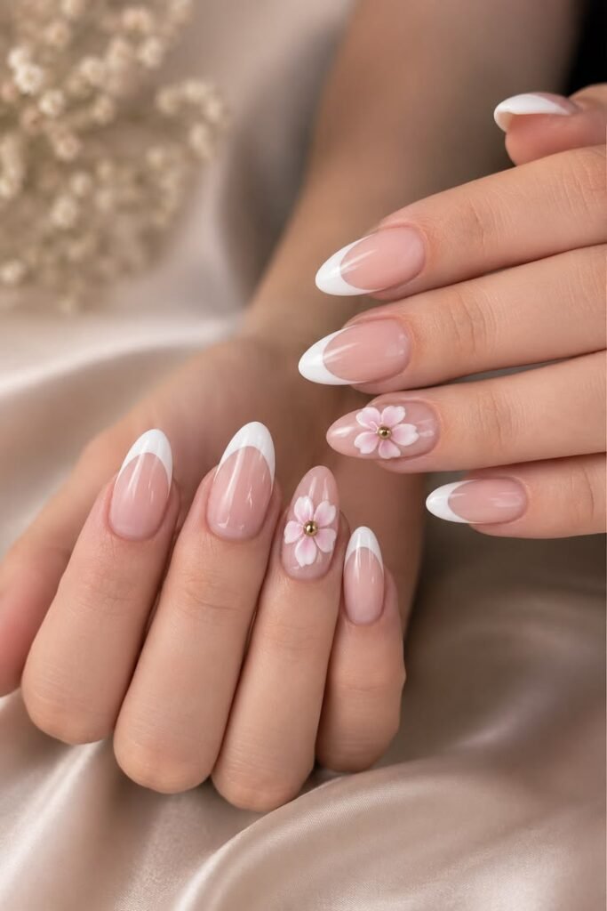 White French Tips with a Floral Accent Nail