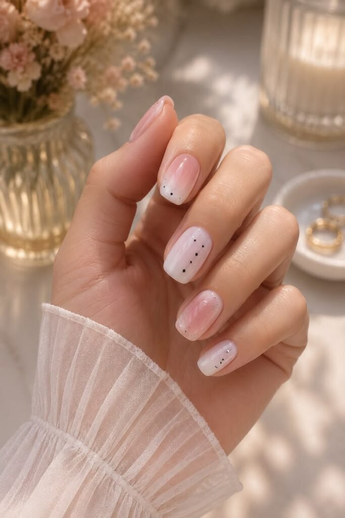 White Milky Ombre Nails With Celestial Dot Details