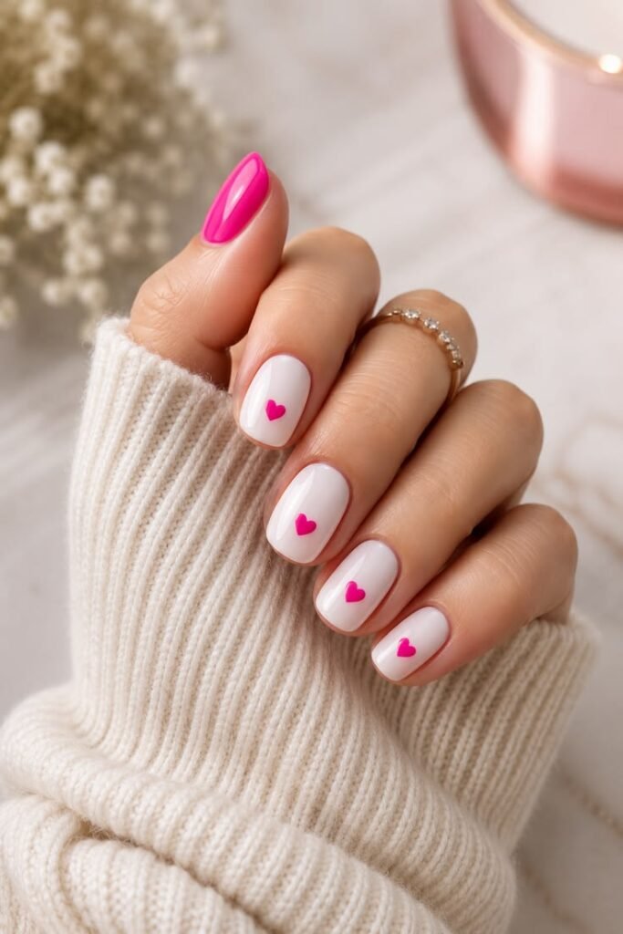 White Nails With Tiny Pink Hearts