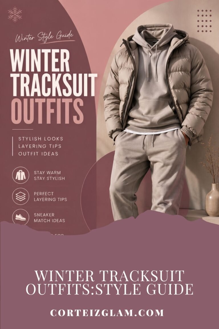 Stylish men’s outfit featuring modern clothing with neutral tones on a soft pink and mauve background.