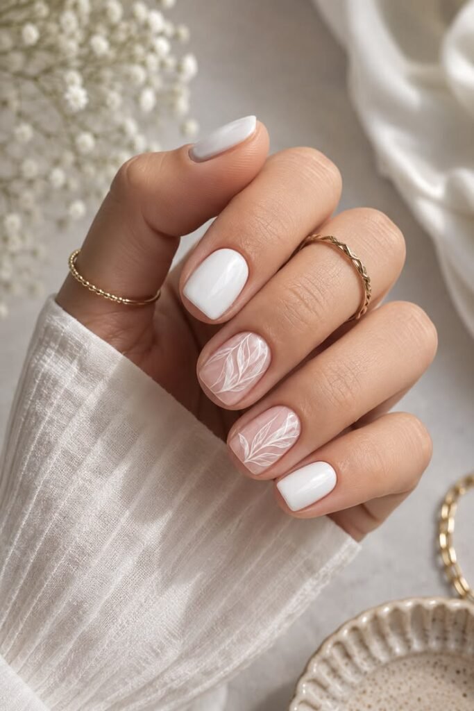White and Botanical Short Nails