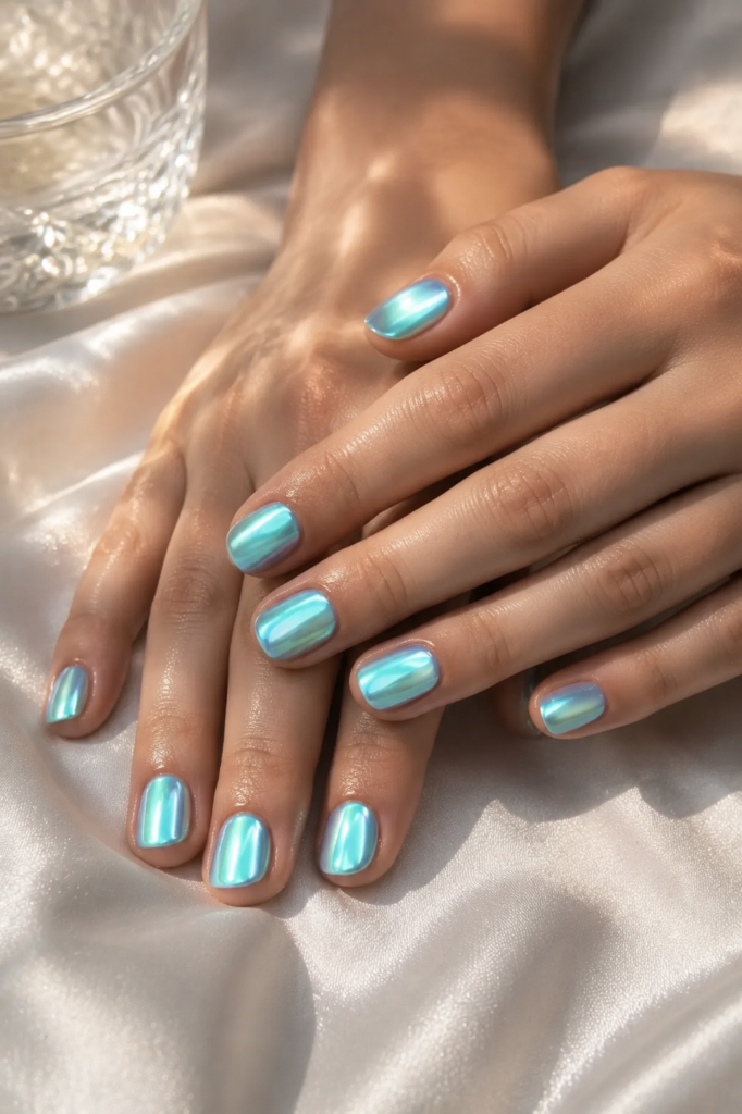 Aqua Green Chrome Short Nails