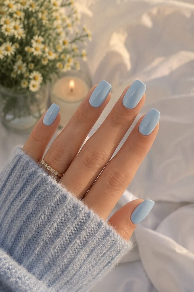 Baby Blue Gloss Nails With Minimal Summer Elegance