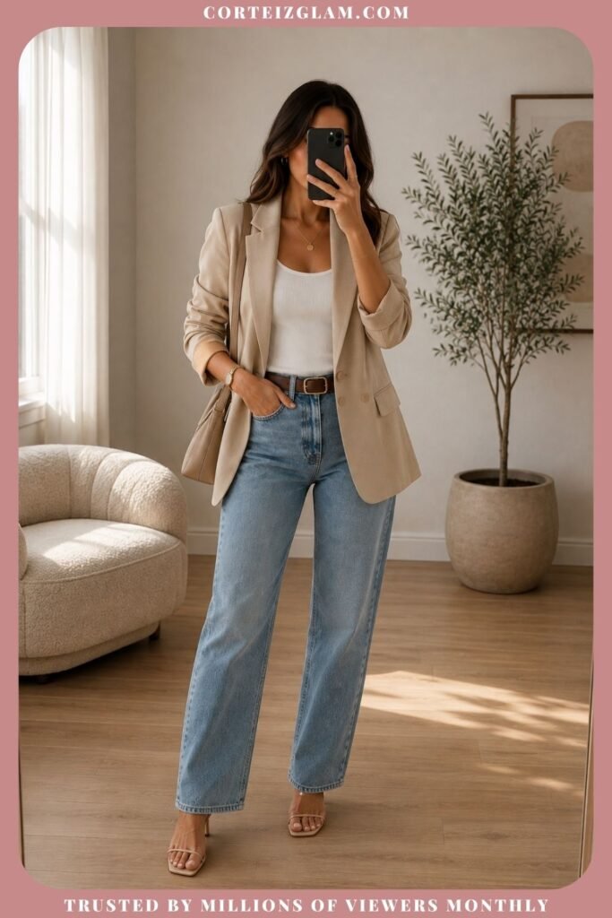 Beige Blazer With a White Tank