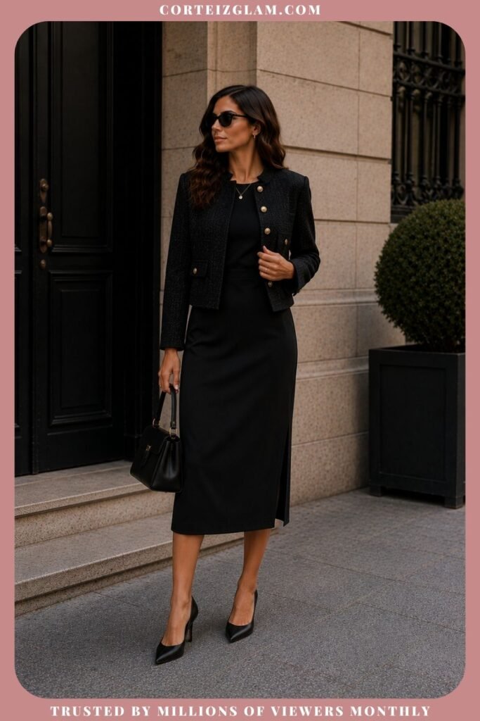 Black Midi Dress With a Structured Jacket