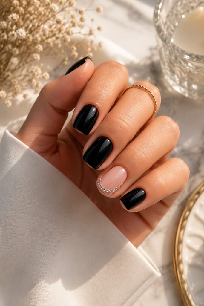 Black Nails with Rhinestone Accent