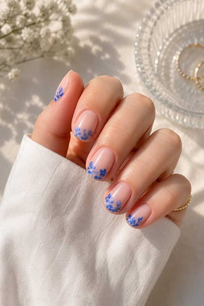 Blue Floral French Tips for a Delicate Summer Manicure