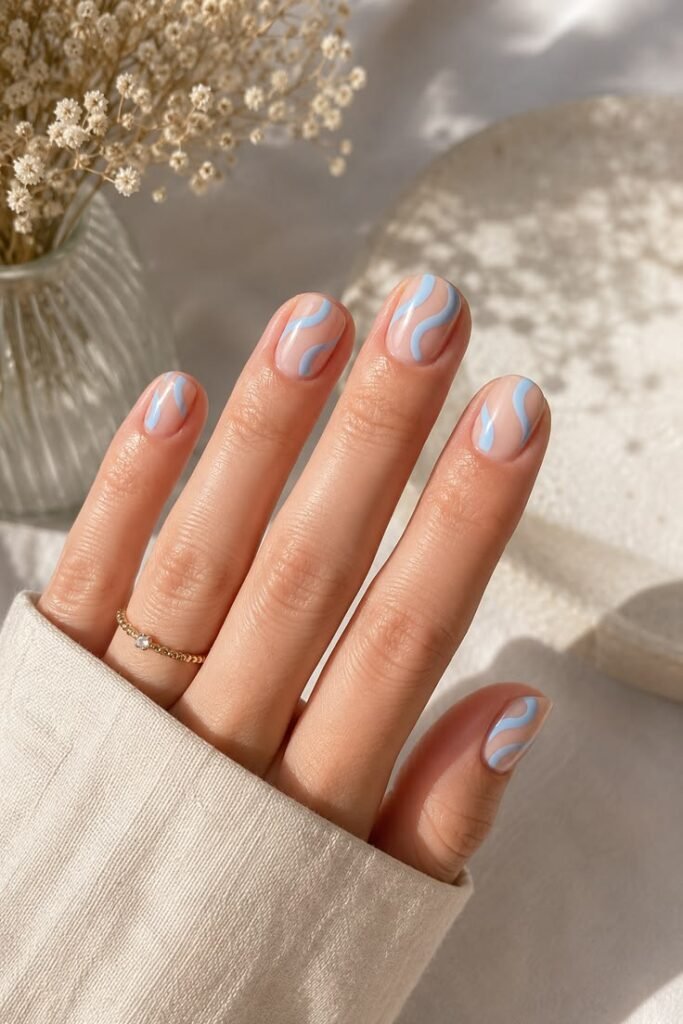 Blue Squiggle Short Gel Nails