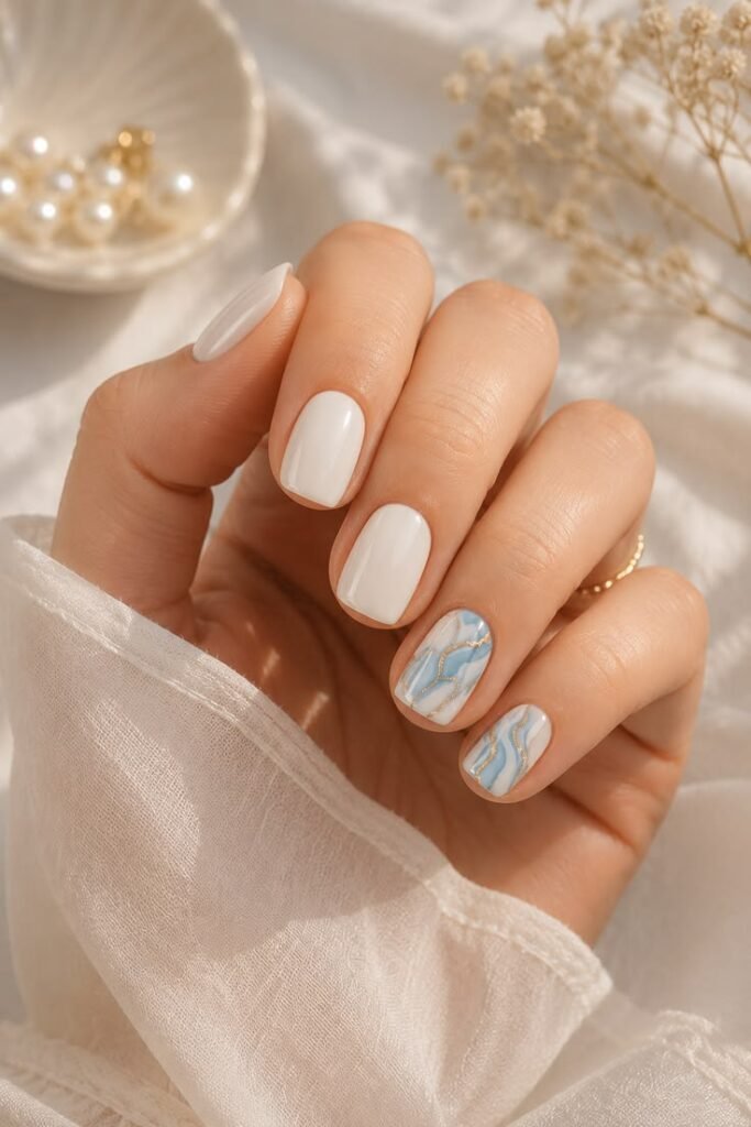 Blue and Gold Marble Short Gel Nails