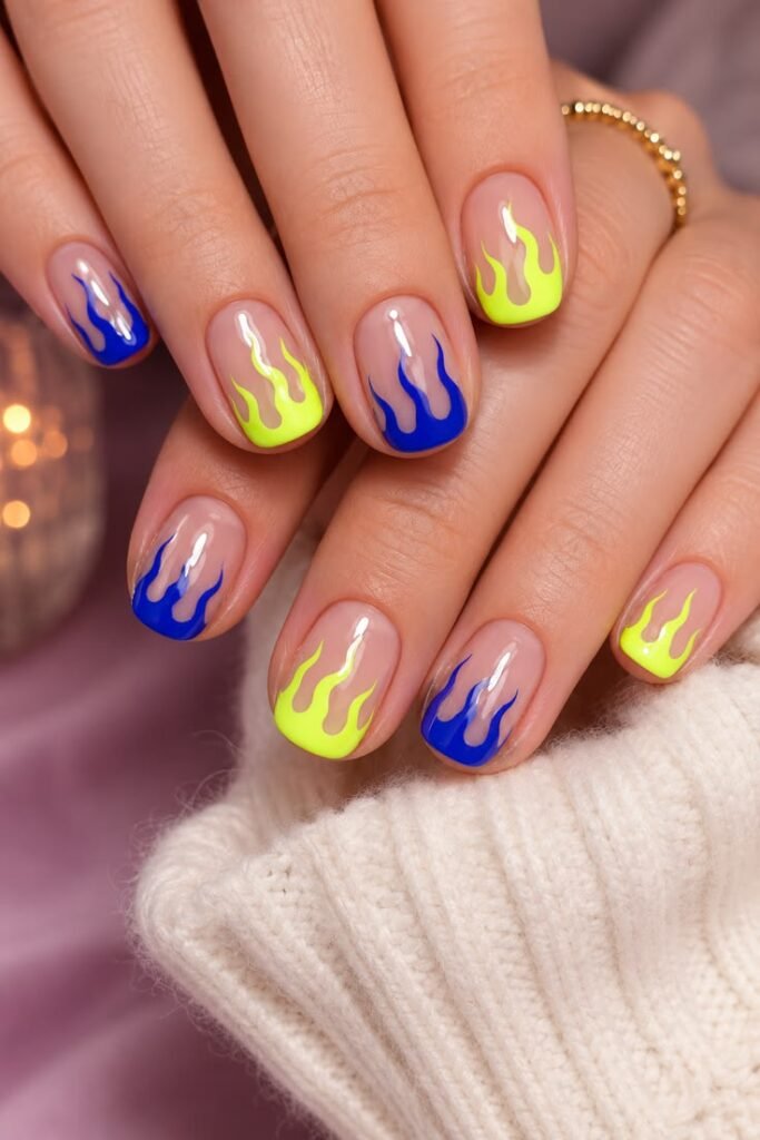 Blue and Neon Yellow Flame Nails