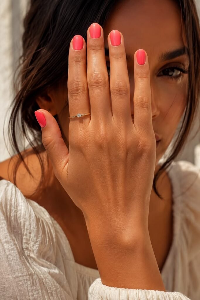 Bright Coral Pink Short Nails