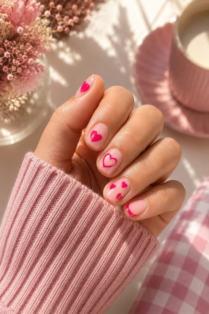 Bright Pink Heart Nails on a Sheer Nude Base
