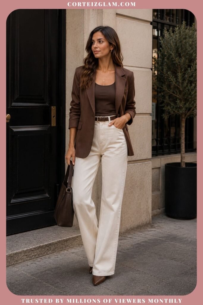 Brown Blazer With Cream Jeans