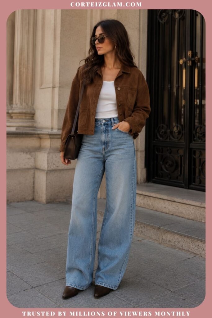 Brown Suede Jacket With Wide-Leg Jeans