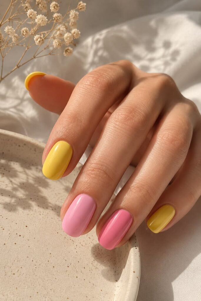Butter Yellow and Pink Nails With Soft Sorbet Charm