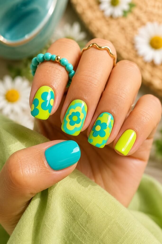 Chartreuse Daisy Pop Retro Summer Nails