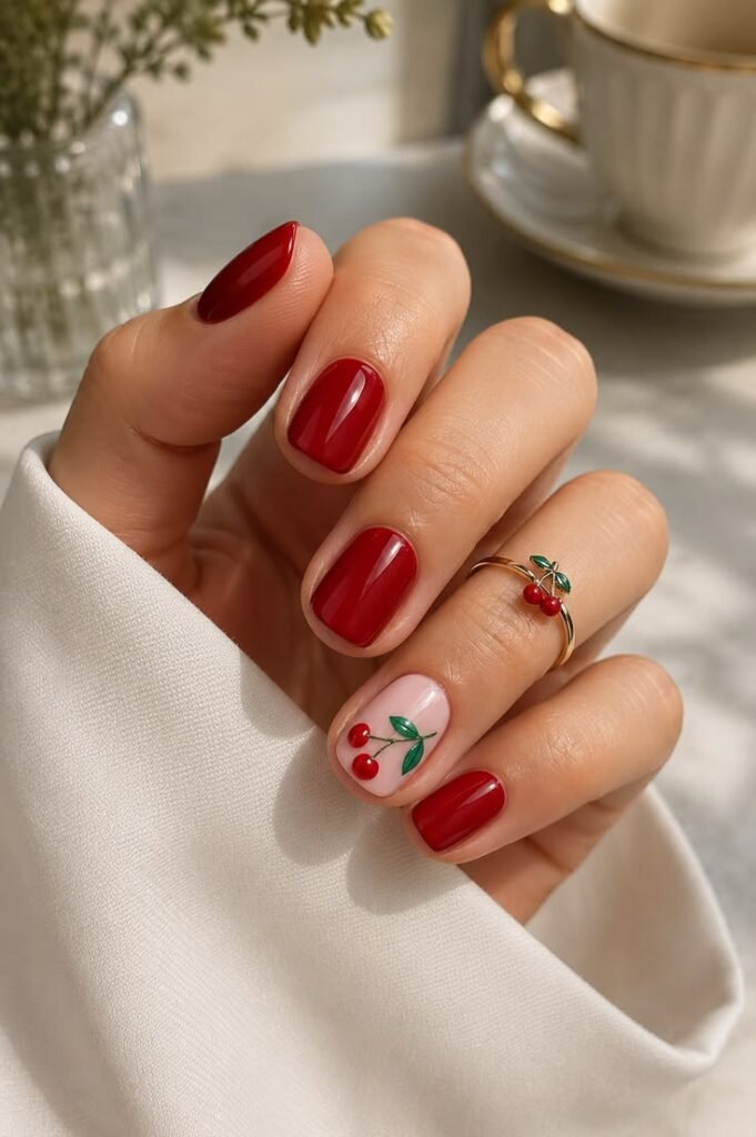Cherry Red Short Gel Nails