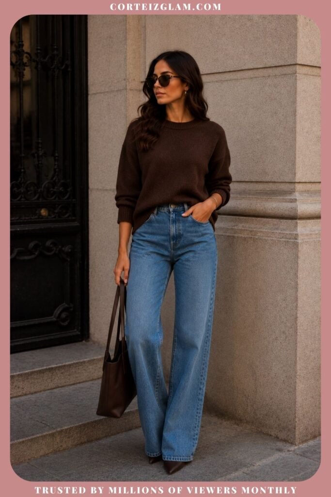 Chocolate Brown Sweater With Blue Jeans