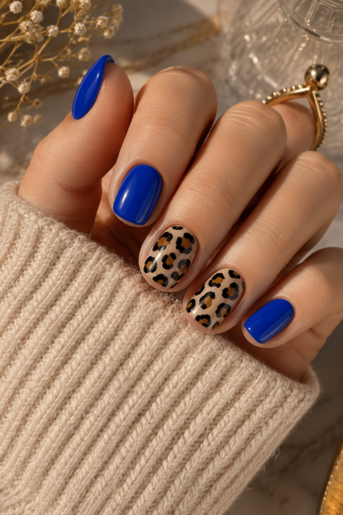 Cobalt Blue and Leopard Print Nails