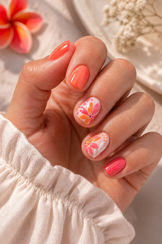 Coral Orange Tropical Flower Short Gel Nails