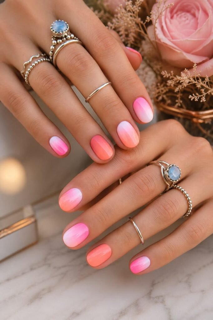 Coral, Peach, and Pink Sunset Ombré Nails