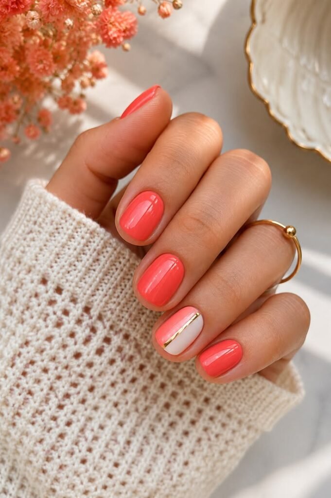 Coral and Gold Short Gel Nails