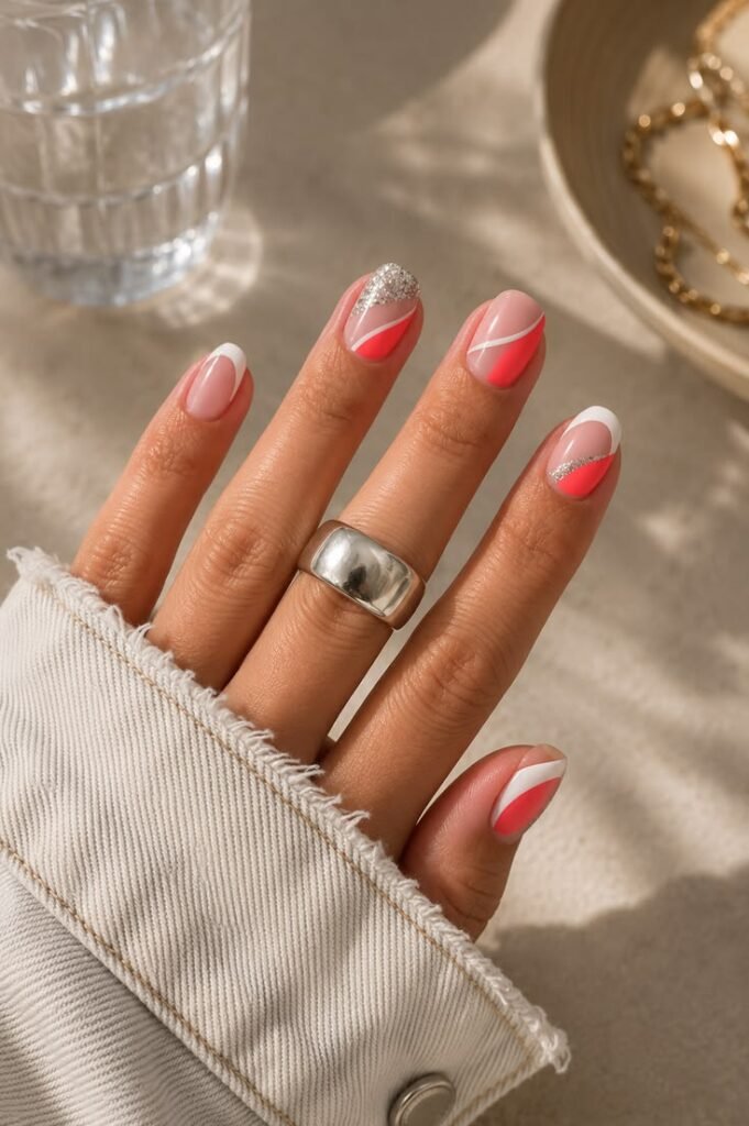 Coral and Silver Glitter Short Gel Nails