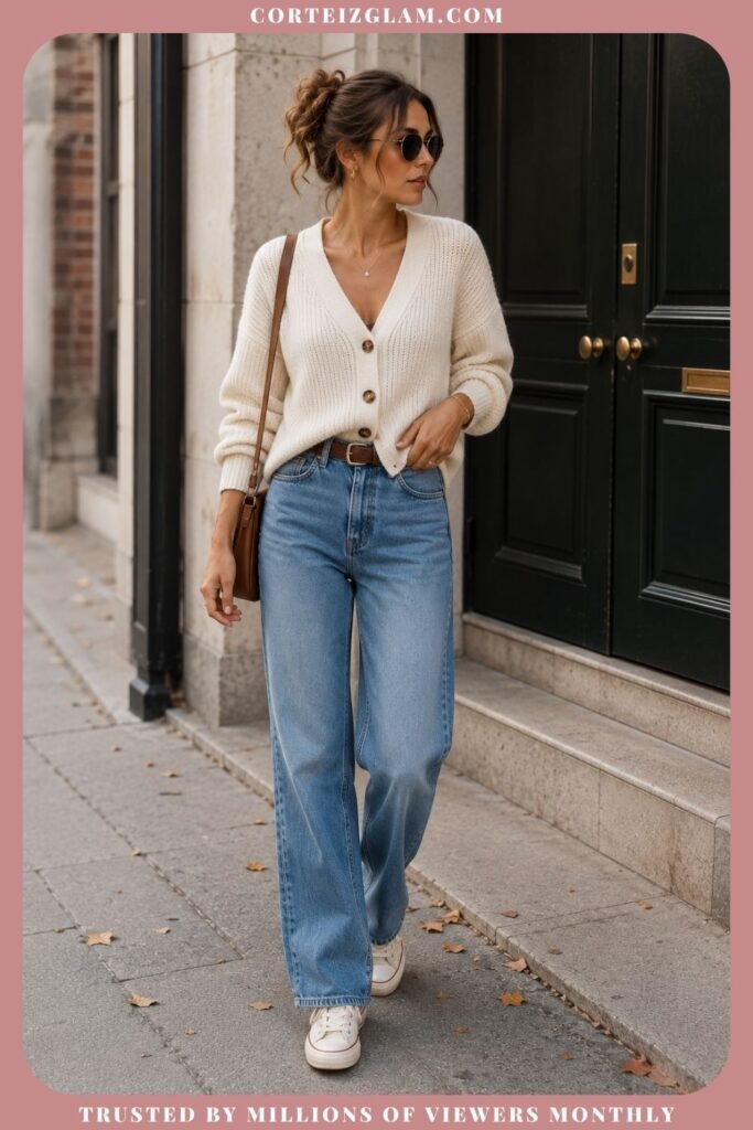 Cream Cardigan With Blue Denim