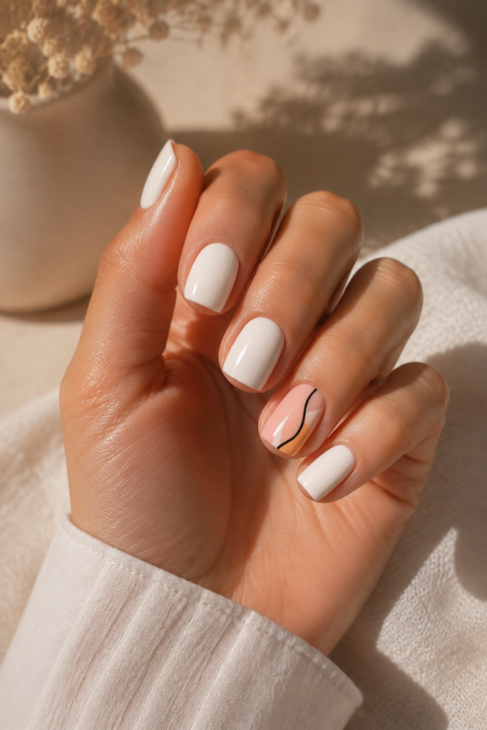 Creamy White Nails with Abstract Accent