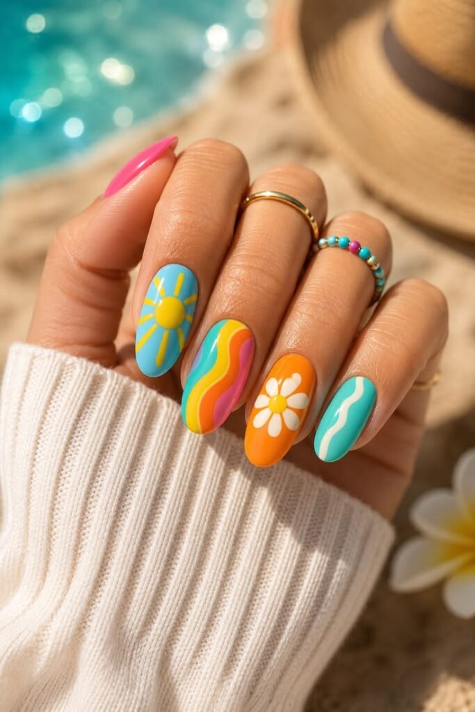 Daisy and Sunshine Skittle Retro Summer Nails