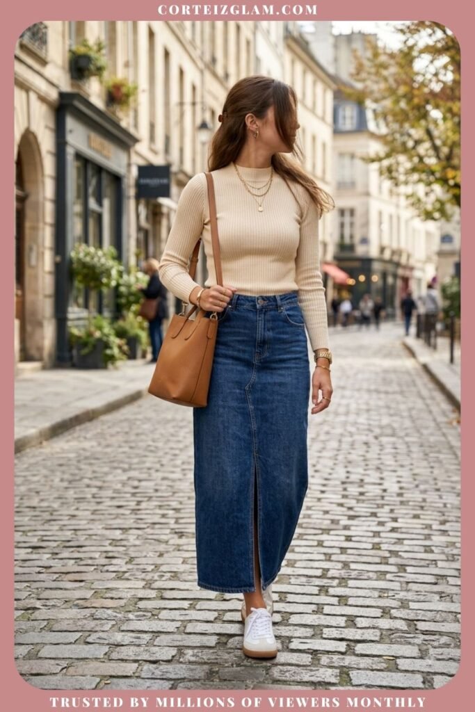 Denim Maxi Skirt With a Fitted Knit