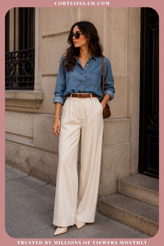 Denim Shirt With Cream Trousers