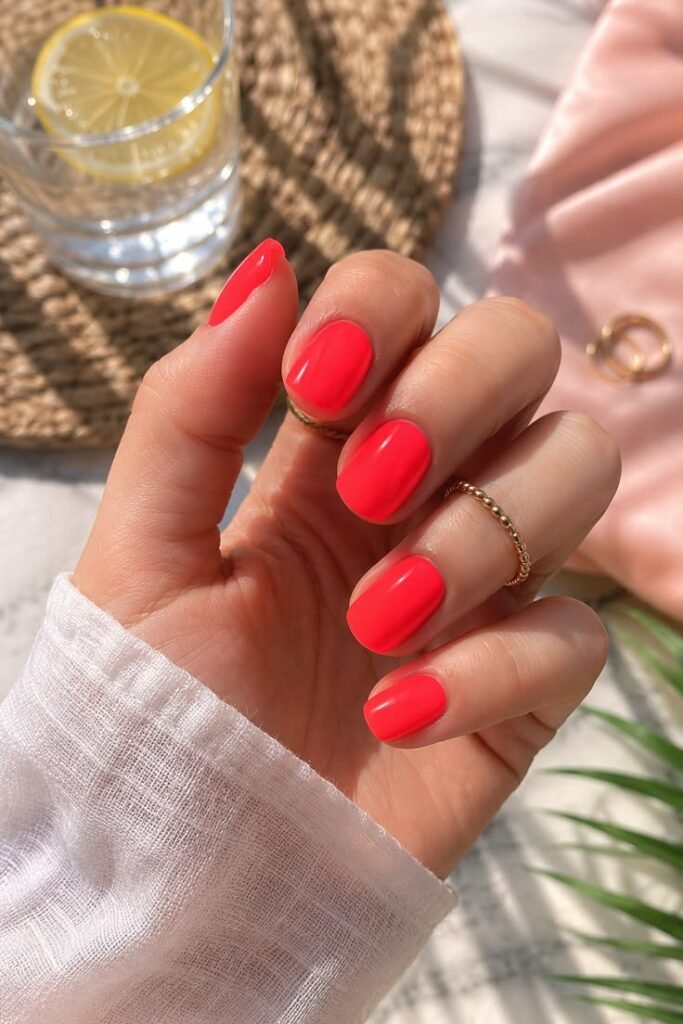 Electric Coral-Red Short Nails