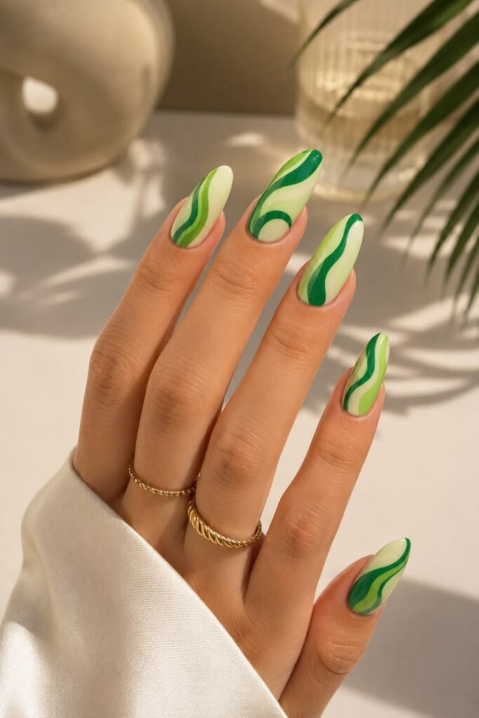 Emerald and Lime Swirl Nails