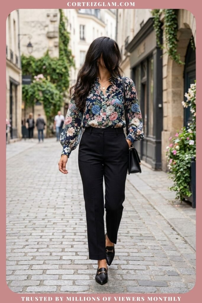 Floral Blouse With Tailored Pants