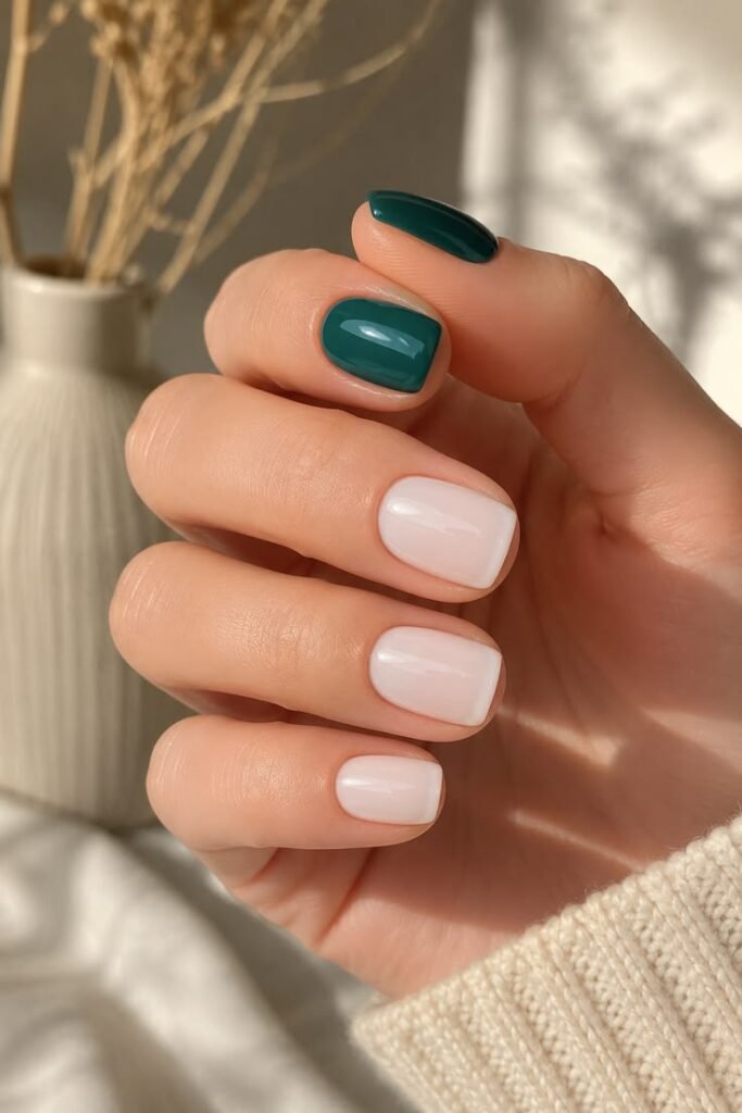 Forest Green Accent Nails With Minimal Summer Elegance