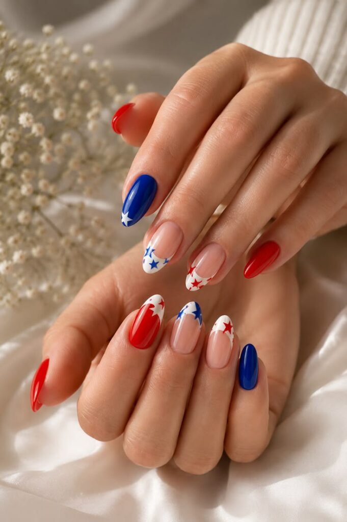 French Tips With Scattered Red and Blue Stars