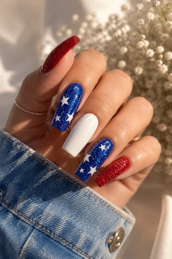 Glittery Stars on Red, Blue, and White Nails