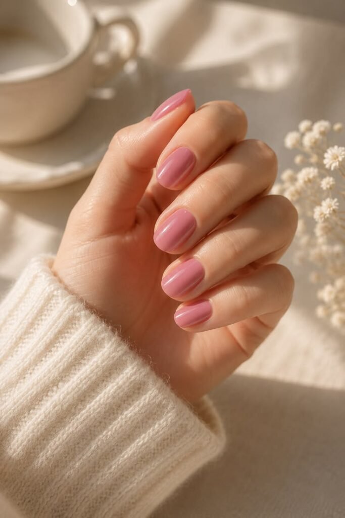 Glossy Dusty Rose Short Nails for an Effortless Look