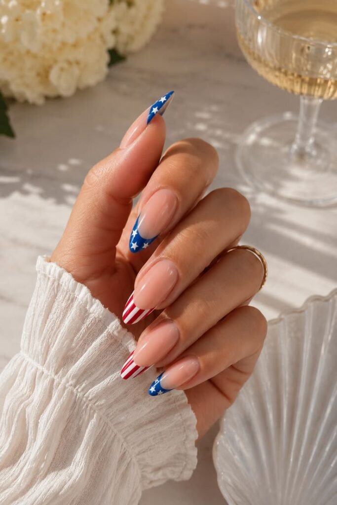Glossy Nude French With Star-Spangled Tips