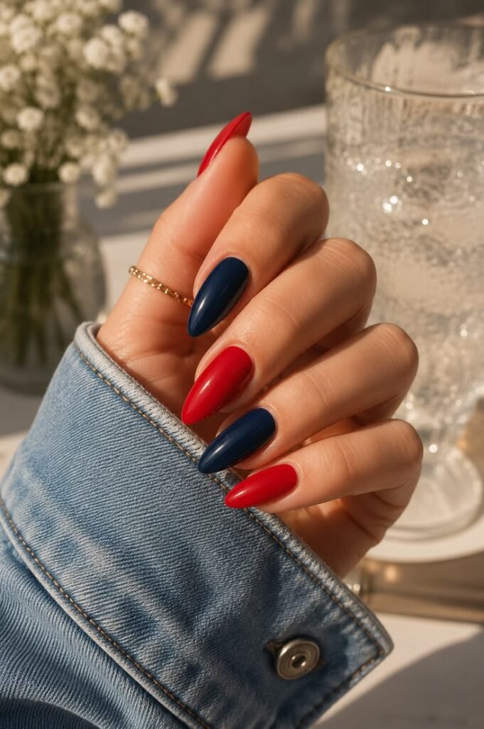 Glossy Red and Deep Navy Color-Block Almond Nails