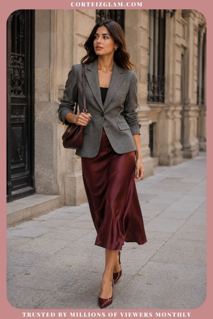 Gray Blazer With a Burgundy Skirt
