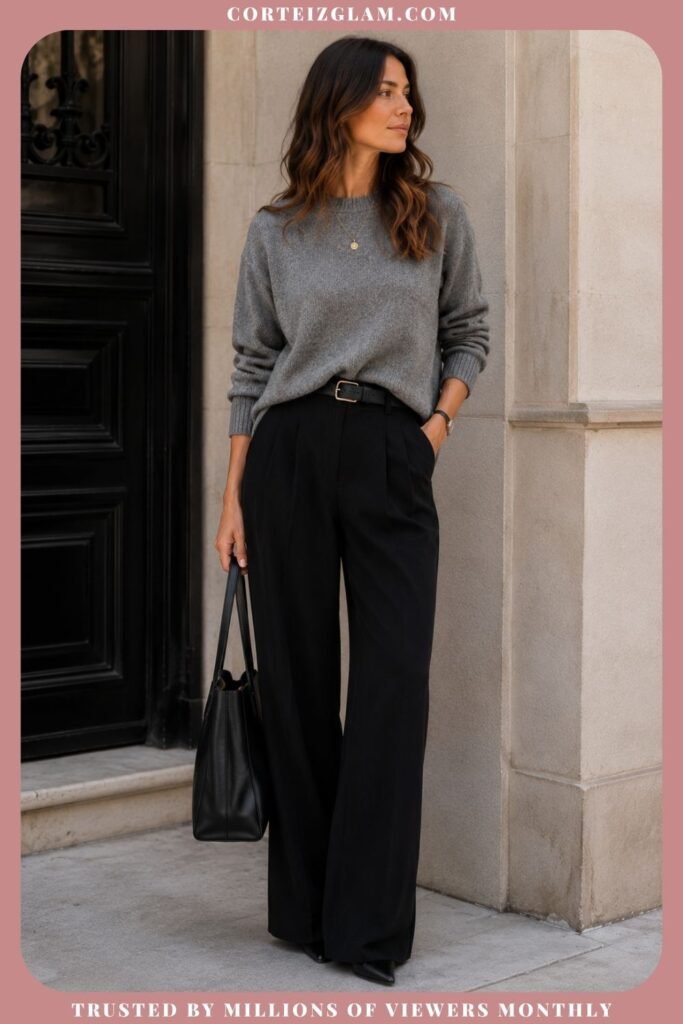 Gray Knit With Black Wide-Leg Pants