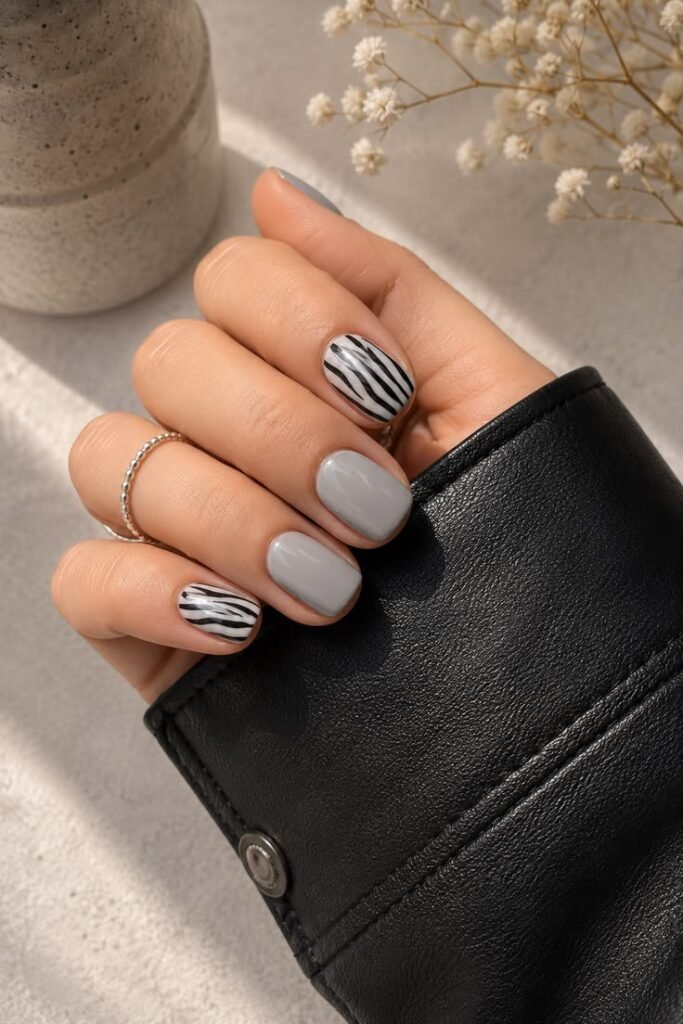 Grey Zebra Accent Nails for a Cool Summer Look
