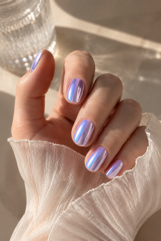 Holographic Lavender Chrome Short Nails