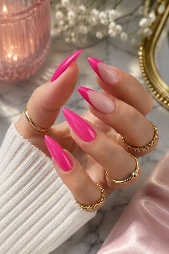 Hot Pink Stiletto French Nails